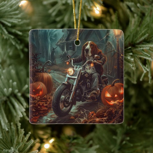 Basset Hound Riding Motorfiets Halloween Eng Keramisch Ornament (Boom)