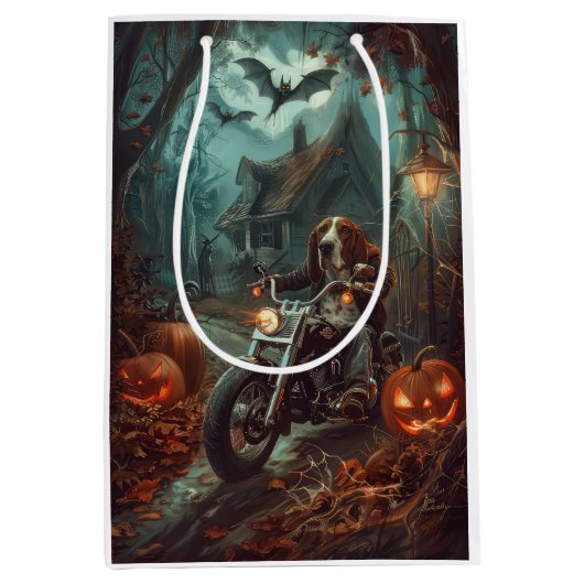 Basset Hound Riding Motorfiets Halloween Eng Medium Cadeauzakje (Voorkant)