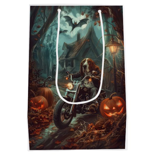 Basset Hound Riding Motorfiets Halloween Eng Medium Cadeauzakje (Achterkant)