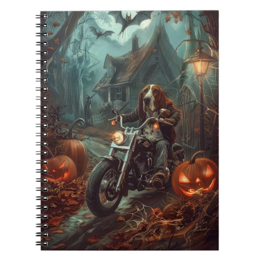 Basset Hound Riding Motorfiets Halloween Eng Notitieboek (Voorkant)
