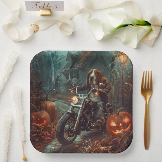 Basset Hound Riding Motorfiets Halloween Eng Papieren Bordje (Huwelijk)