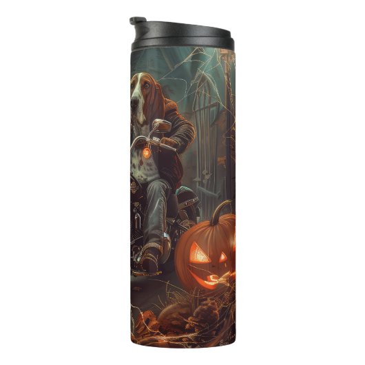 Basset Hound Riding Motorfiets Halloween Eng Thermosbeker (Geroteerd rechts)
