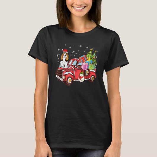 Basset Hound Riding Red Truck Merry Christmas Dog T-shirt (Voorkant)