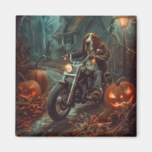 Basset Hound rijdt op motorfiets Halloween griezel Magneet