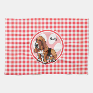 Basset Hound; Rode en Witte Gingham Theedoek