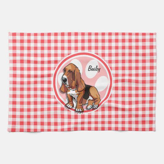 Basset Hound; Rode en Witte Gingham Theedoek (Horizontaal)