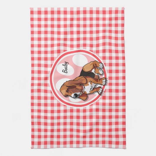 Basset Hound; Rode en Witte Gingham Theedoek (Verticaal)