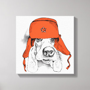 Basset Hound   Rood Ushanka-Pet Canvas Afdruk