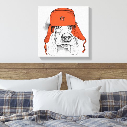 Basset Hound | Rood Ushanka-Pet Canvas Afdruk (Insitu (Slaapkamer))