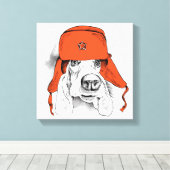 Basset Hound | Rood Ushanka-Pet Canvas Afdruk (Insitu (Houten vloer))