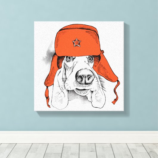 Basset Hound | Rood Ushanka-Pet Canvas Afdruk (Insitu (Houten vloer))