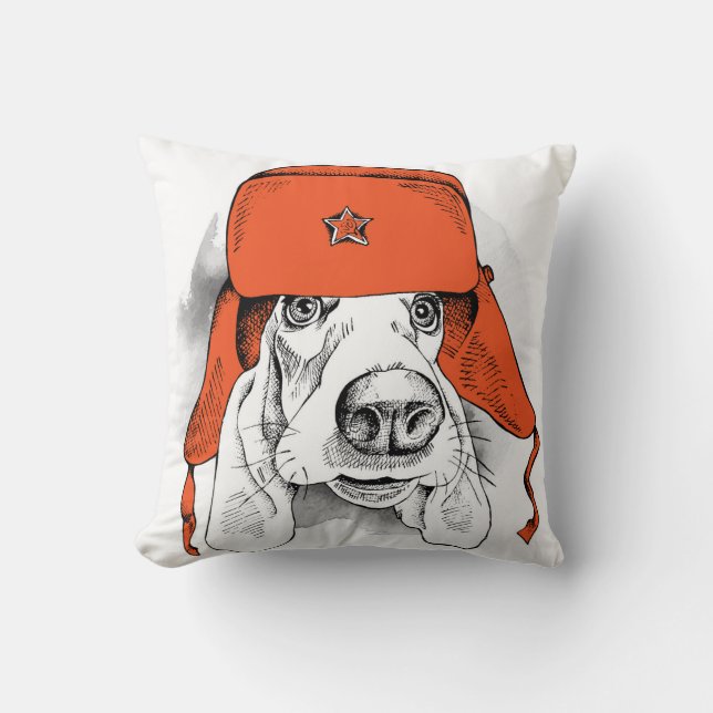 Basset Hound | Rood Ushanka-Pet Kussen (Voorkant)