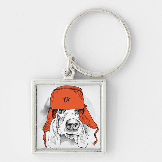 Basset Hound | Rood Ushanka-Pet Sleutelhanger (Voorkant)