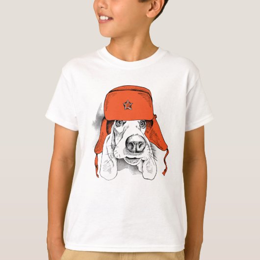 Basset Hound | Rood Ushanka-Pet T-shirt (Voorkant)