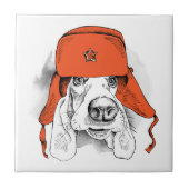 Basset Hound | Rood Ushanka-Pet Tegeltje (Voorkant)