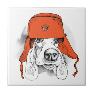 Basset Hound   Rood Ushanka-Pet Tegeltje