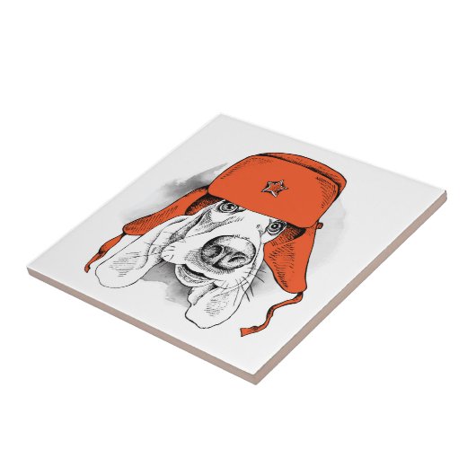 Basset Hound | Rood Ushanka-Pet Tegeltje (Zijkant)