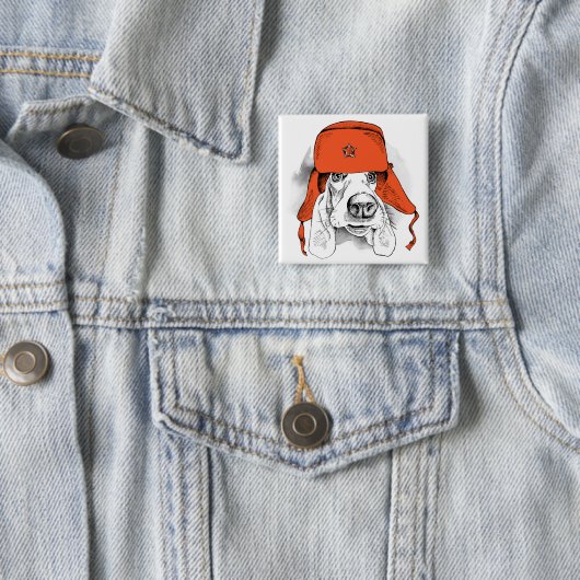 Basset Hound | Rood Ushanka-Pet Vierkante Button 5,1 Cm (In situ)
