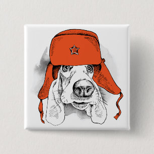 Basset Hound   Rood Ushanka-Pet Vierkante Button 5,1 Cm