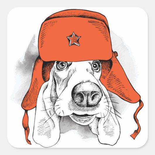 Basset Hound | Rood Ushanka-Pet Vierkante Sticker (Voorkant)