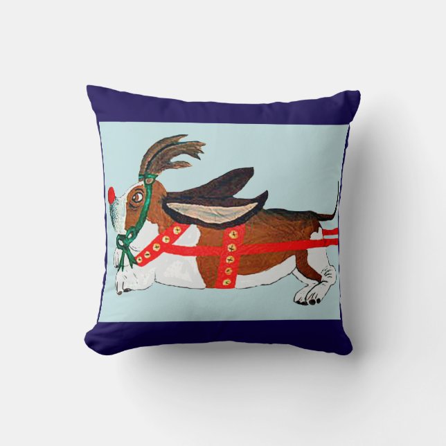 Basset Hound Rudolph de Rendier met de Rode Neus Kussen (Voorkant)