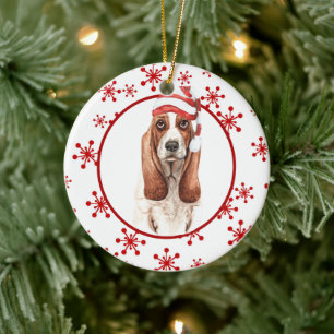 Basset Hound Santa Hat Red Snowflake Keramisch Ornament