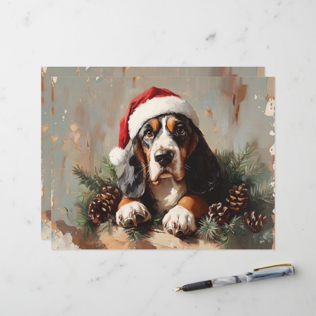 Basset Hound Santa Hat Schilderij Scrapbook Papier (Voorkant / Achterkant in situ)