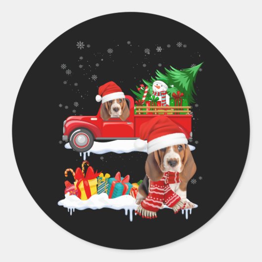 Basset Hound Santa Hond Rijden Rode Vrachtwagen Ke Ronde Sticker (Voorkant)