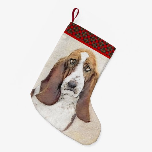 Basset Hound-schildering - Kute Original Dog Art Kleine Kerstsok (Voorkant (Hangend))