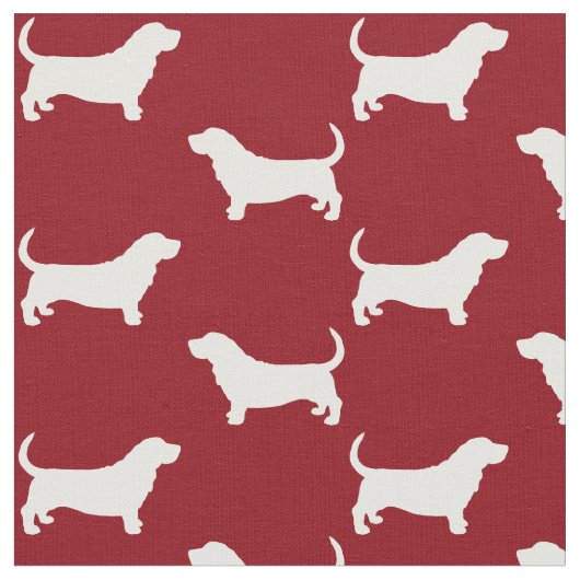 Basset Hound Silhouettes Red en White Patterned Stof (Close Up)