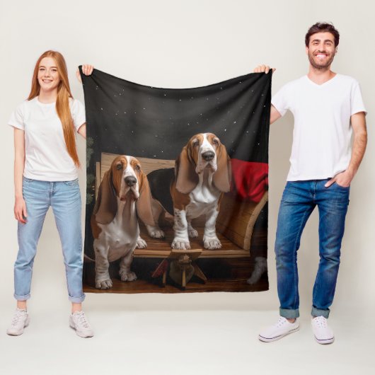 Basset Hound Snowy Sleigh Kerst Decor Fleece Deken (In situ)