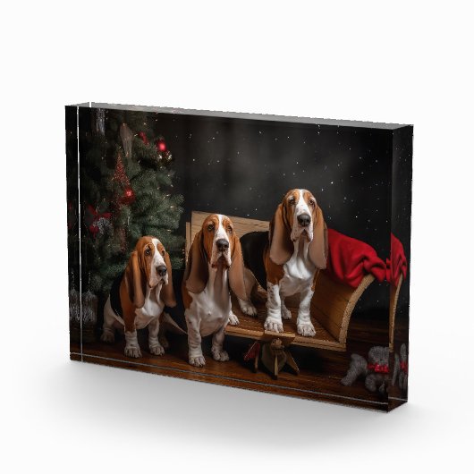 Basset Hound Snowy Sleigh Kerst Decor Fotoblokken (Rechts)