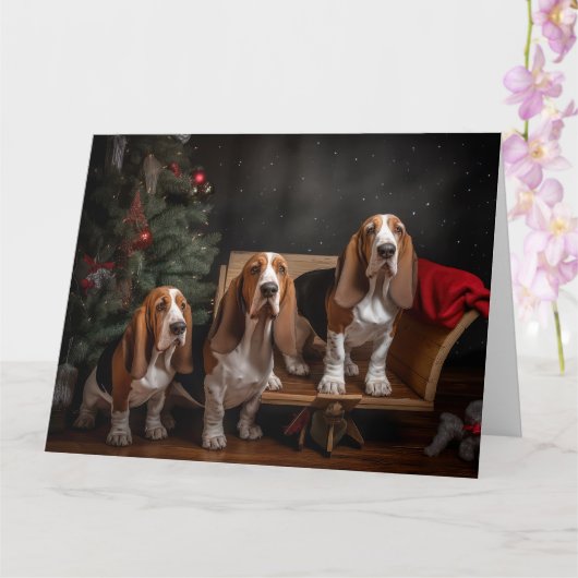 Basset Hound Snowy Sleigh Kerst Decor Kaart (Orchidee)