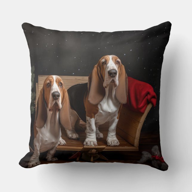 Basset Hound Snowy Sleigh Kerst Decor Kussen (Voorkant)