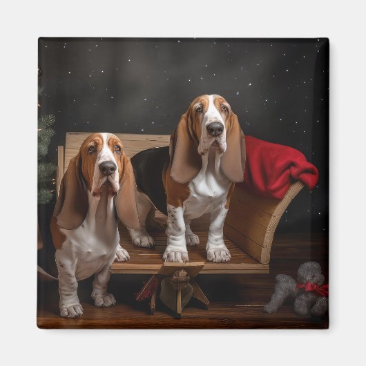 Basset Hound Snowy Sleigh Kerst Decor Magneet (Voorkant)