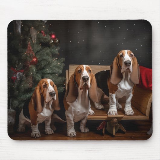Basset Hound Snowy Sleigh Kerst Decor Muismat (Voorkant)
