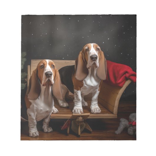 Basset Hound Snowy Sleigh Kerst Decor Notitieblok (Voorkant)