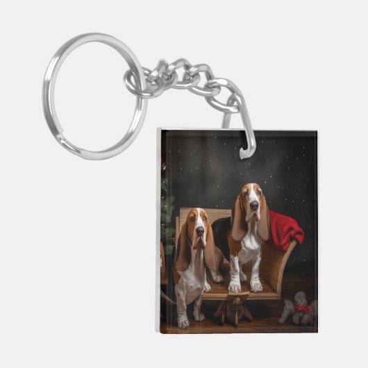 Basset Hound Snowy Sleigh Kerst Decor Sleutelhanger (Voorkant Links)