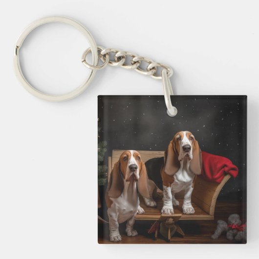 Basset Hound Snowy Sleigh Kerst Decor Sleutelhanger (Voorkant)
