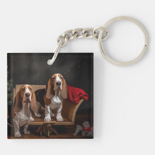 Basset Hound Snowy Sleigh Kerst Decor Sleutelhanger (Achterkant)