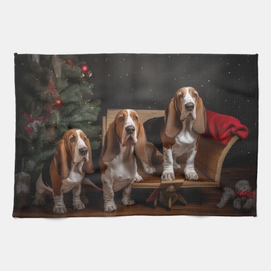 Basset Hound Snowy Sleigh Kerst Decor Theedoek (Horizontaal)