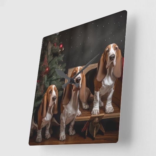 Basset Hound Snowy Sleigh Kerst Decor Vierkante Klok (Hoek)