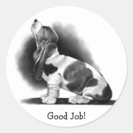 BASSET HOUND STICKER: Goed gedaan! POTLOODKUNST Ronde Sticker