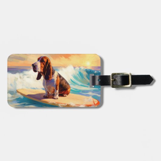 Basset Hound Strand Surfen Schilderij Bagagelabel (Voorkant horizontaal)