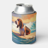 Basset Hound Strand Surfen Schilderij Blikjeskoeler (Blikje Voorkant)