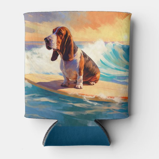Basset Hound Strand Surfen Schilderij Blikjeskoeler (Voorkant)
