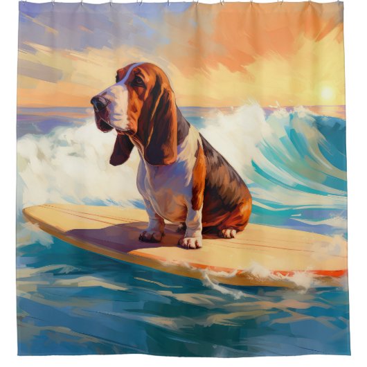 Basset Hound Strand Surfen Schilderij Douchegordijn (Voorkant)