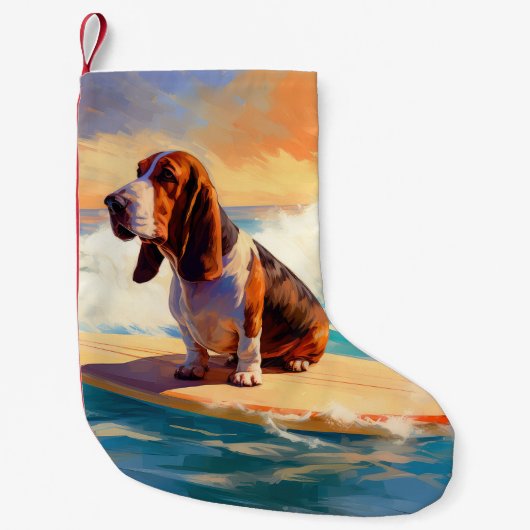 Basset Hound Strand Surfen Schilderij Kleine Kerstsok (Voorkant)