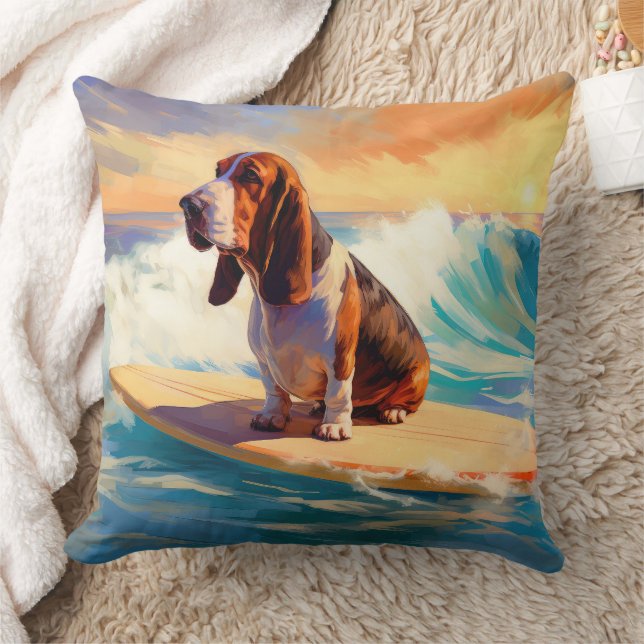 Basset Hound Strand Surfen Schilderij Kussen (Deken)