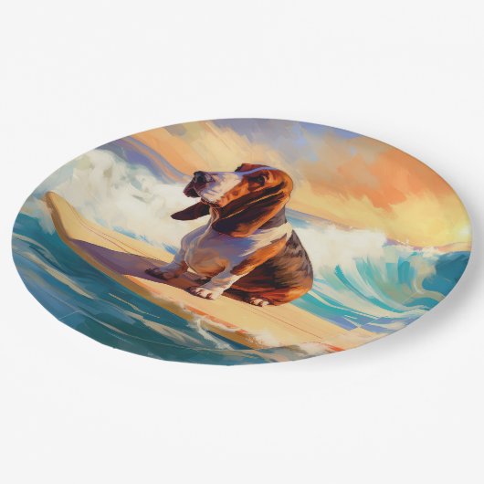 Basset Hound Strand Surfen Schilderij Papieren Bordje (Gekanteld)